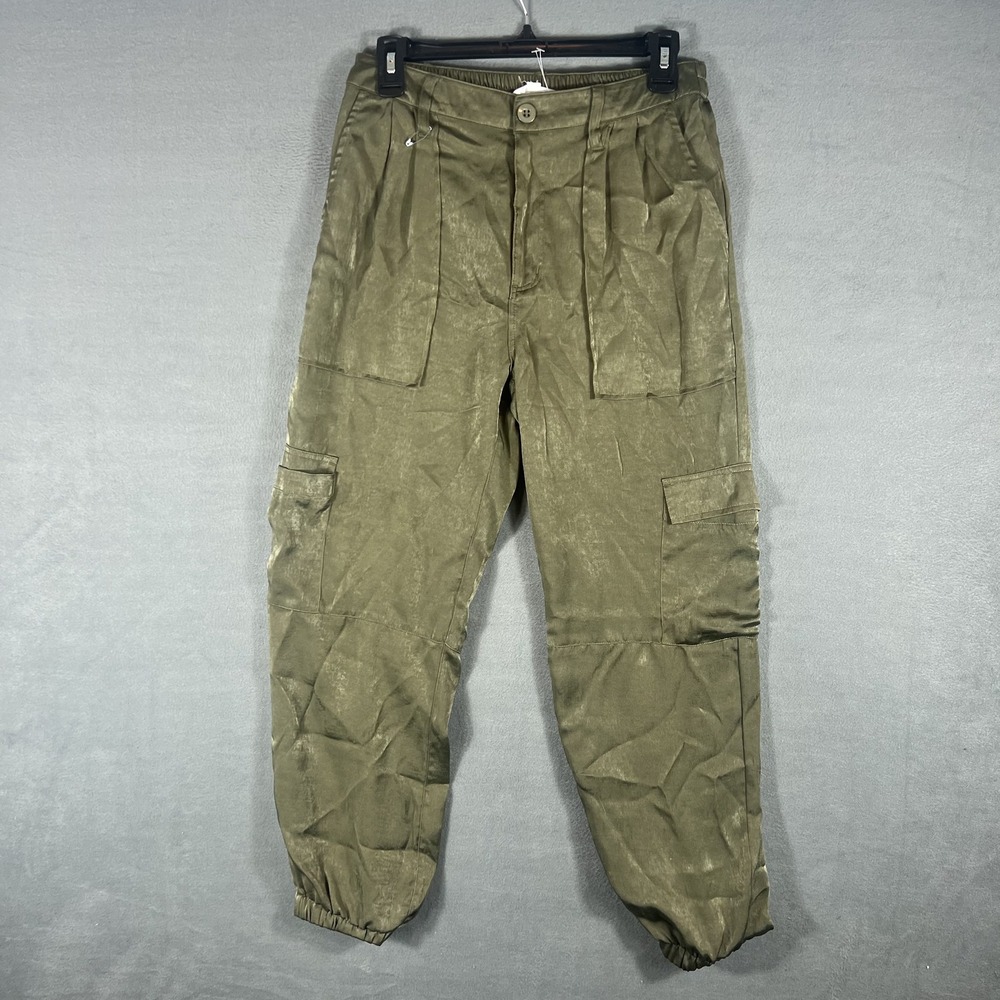 RE generation Women's Green Satin Cargo Jogger Pants Size S Elastic Waist Cuffed